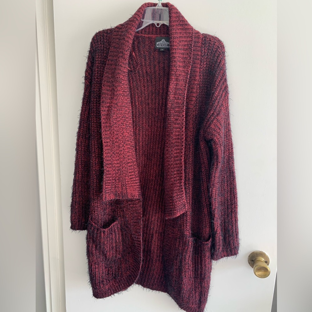 Angie very soft and cozy burgundy and black cardigan sweater
